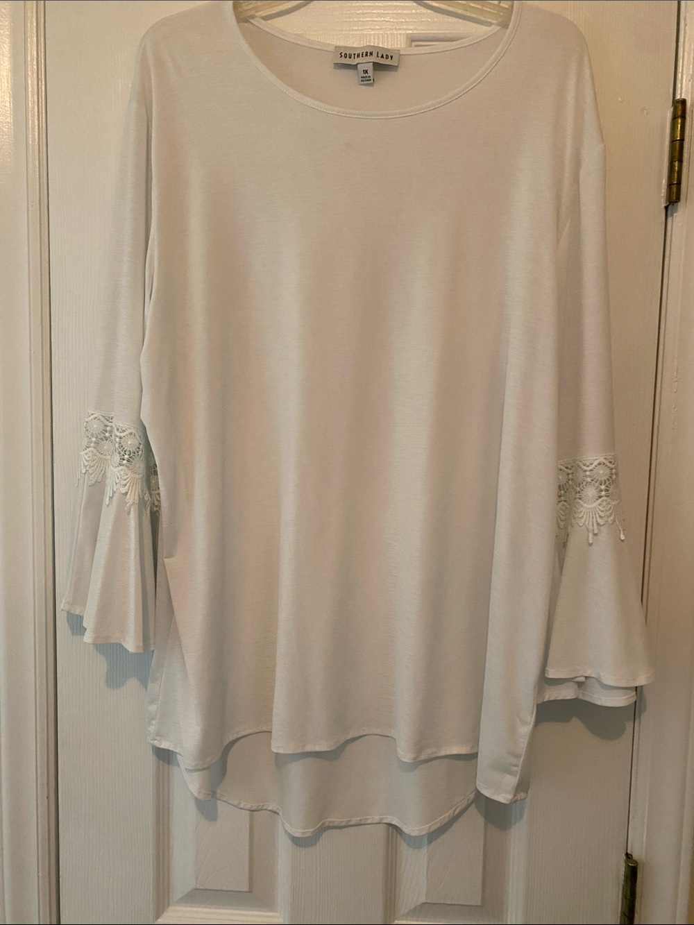 Southern Lady White Bell Sleeve Tunic with Lace Trim